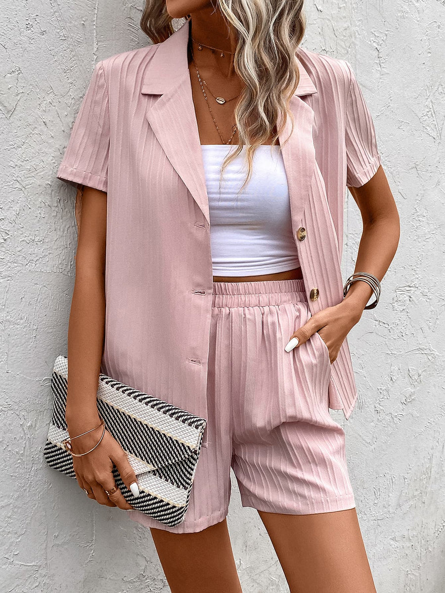 Short Sleeve Blazer and Shorts Set with Pockets