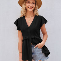 Buttoned V-Neck Ruffle Trim Top