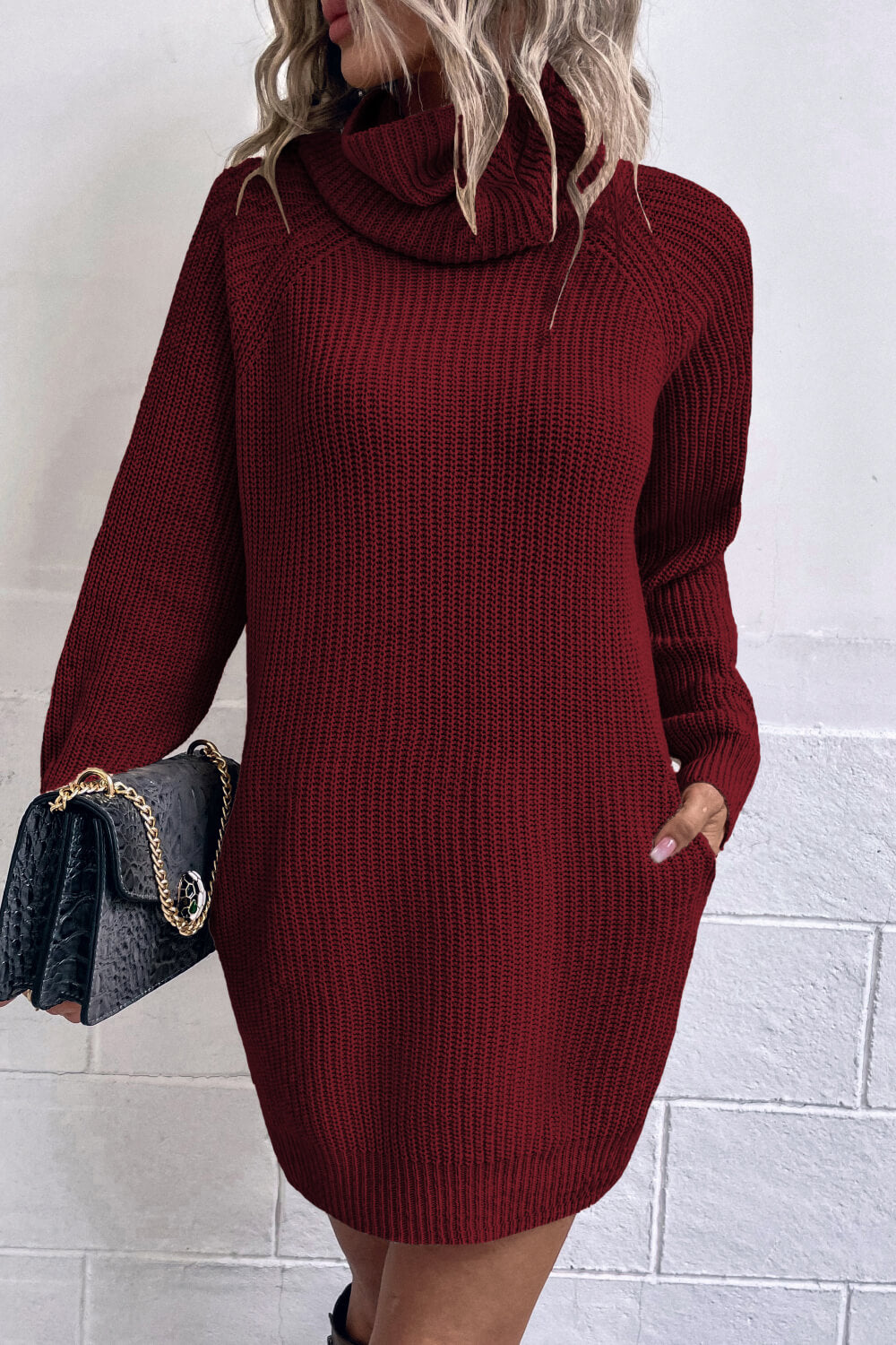 Turtleneck Raglan Sleeve Rib-Knit Dress with Pockets