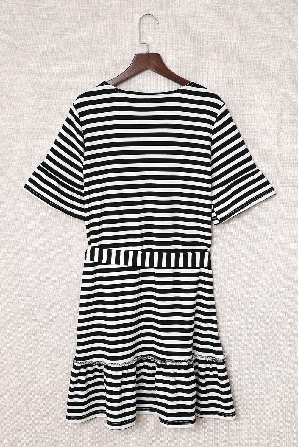 Striped Tie-Waist Frill Trim V-Neck Dress