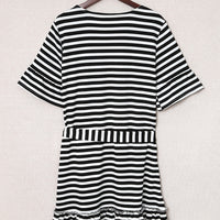 Striped Tie-Waist Frill Trim V-Neck Dress