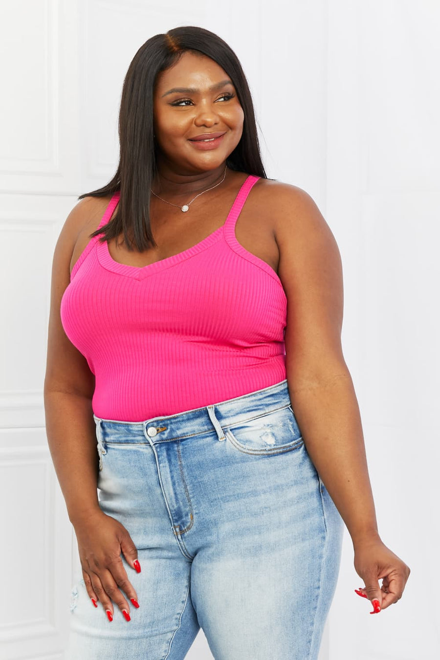 Zenana Full Size V-Neck Ribbed Cami in Hot Pink