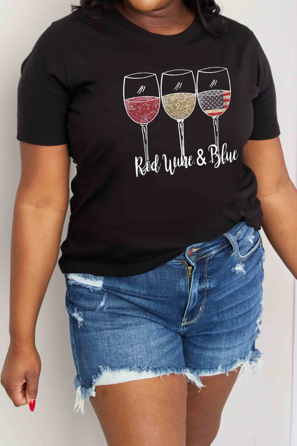 Simply Love Full Size RED WINE & BLUE Graphic Cotton Tee