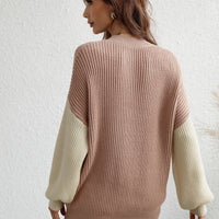 Two-Tone Rib-Knit Dropped Shoulder Sweater