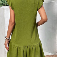 Buttoned Notched Neck Flutter Sleeve Dress