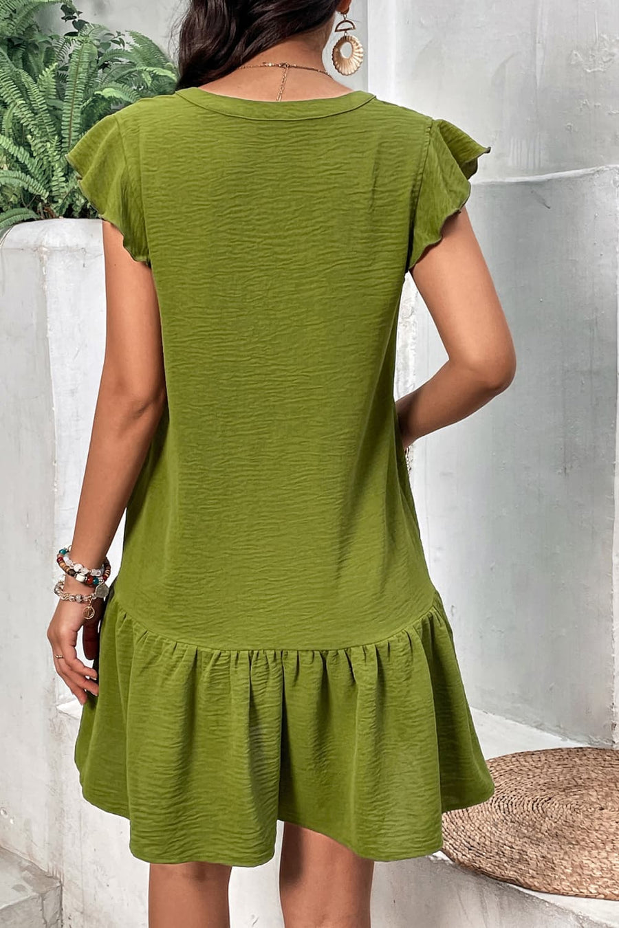 Buttoned Notched Neck Flutter Sleeve Dress