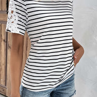 Striped Spliced Lace Round Neck Tee