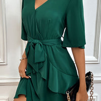 Tie Belt Surplice Neck Ruffled Dress