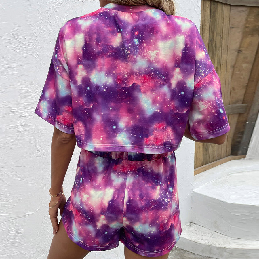 Tie Dye Round Neck Dropped Shoulder Half Sleeve Top and Shorts Set