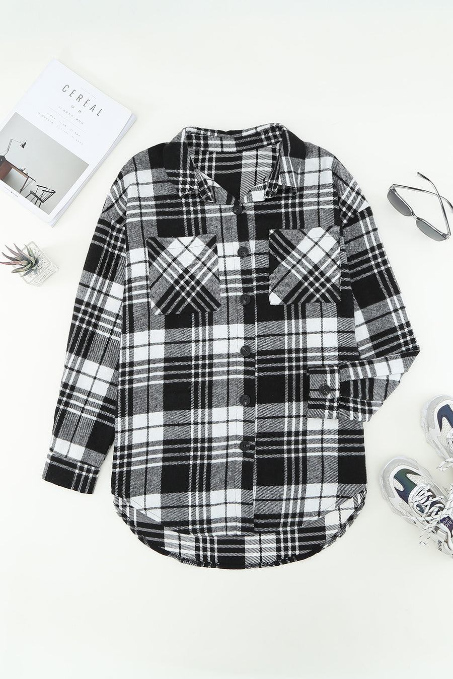 Plaid Curved Hem Longline Shacket