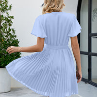 Surplice Neck Tie Waist Flutter Sleeve Pleated Dress