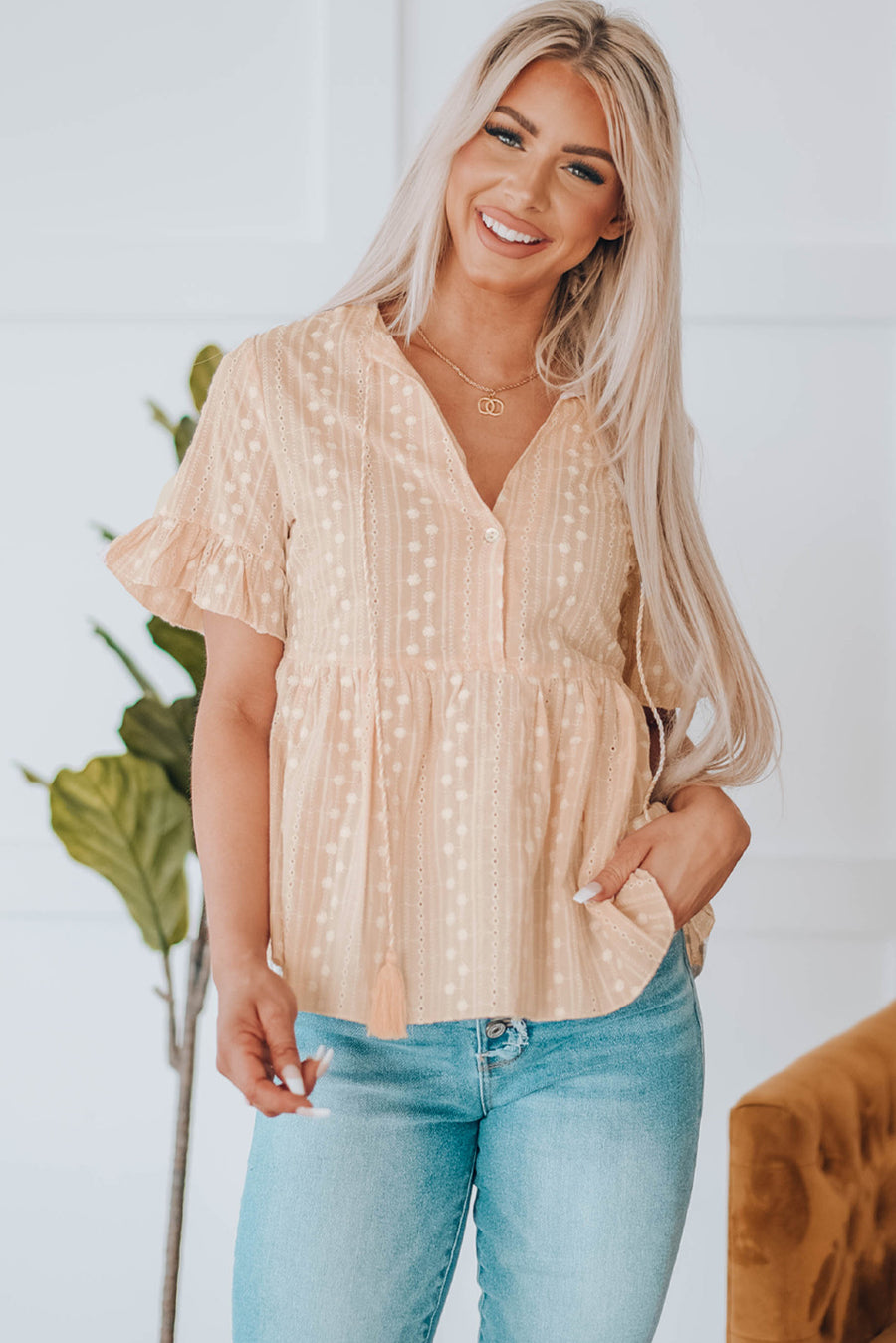 Embroidered Tassel Flounce Sleeve Babydoll Blouse