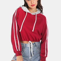 Full Size Side Stripe Drawstring Hem Cropped Hoodie