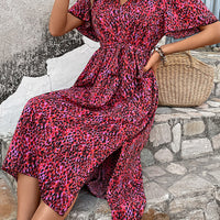 Printed Tie Belt Flutter Sleeve Dress