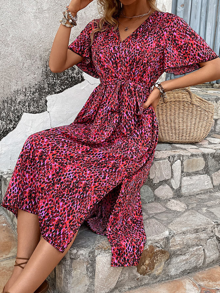 Printed Tie Belt Flutter Sleeve Dress