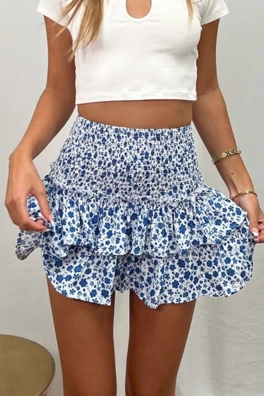 Printed Frill Trim Smocked Mini Skirt