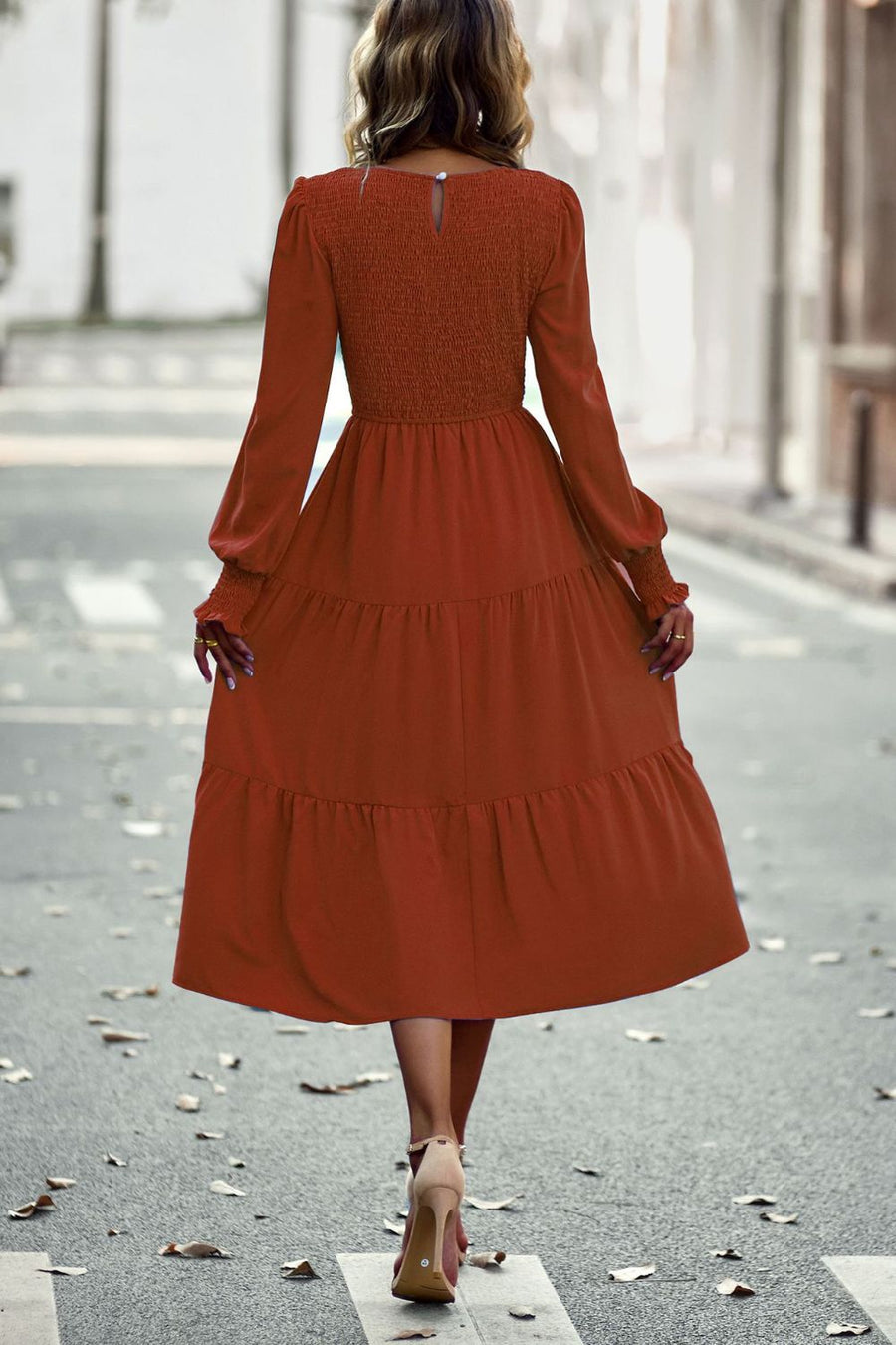 Smocked Long Puff Sleeve Tiered Midi Dress