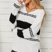 Striped V-Neck Popcorn Knit Sweater