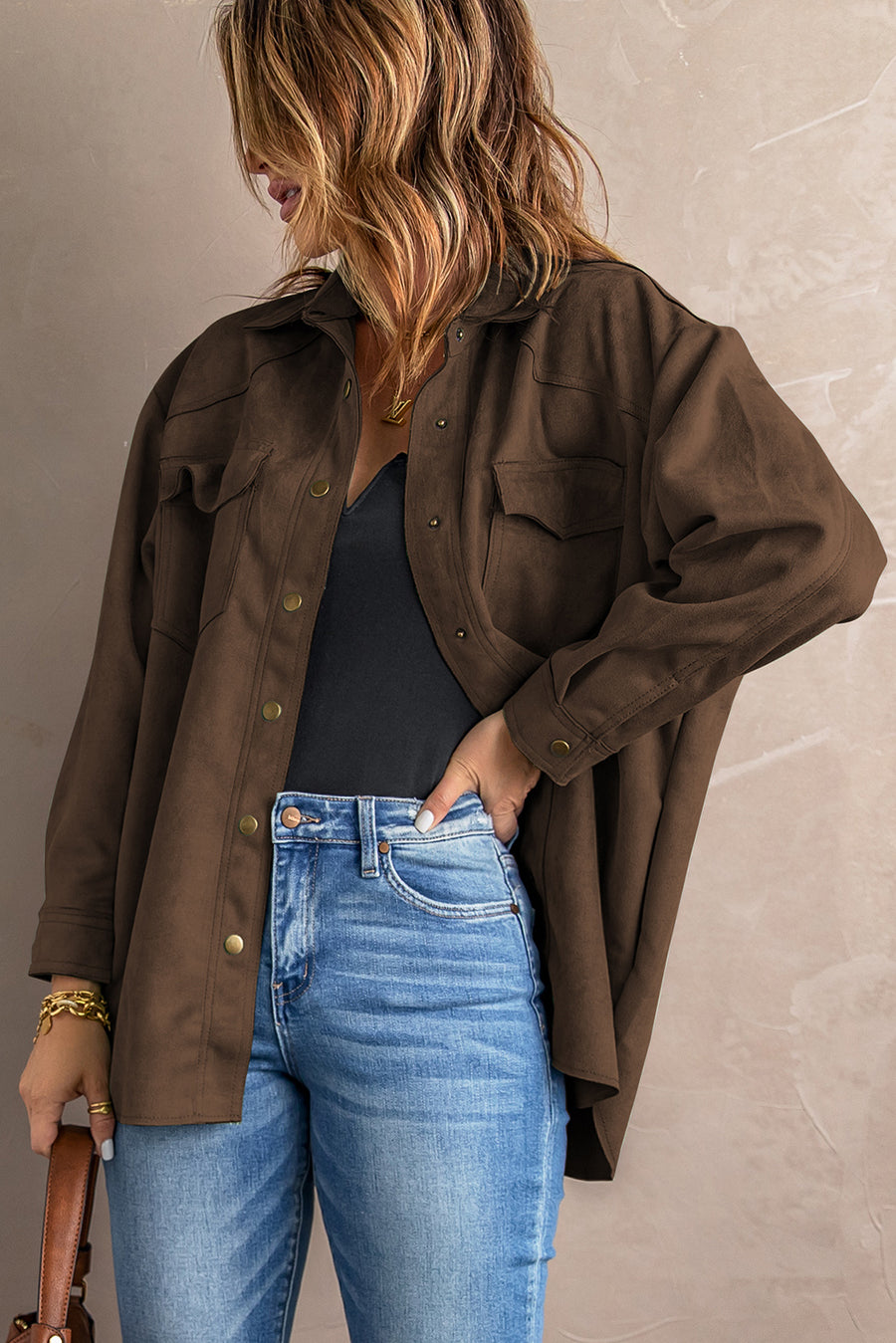 Suede Snap Front Dropped Shoulder Shirt Jacket