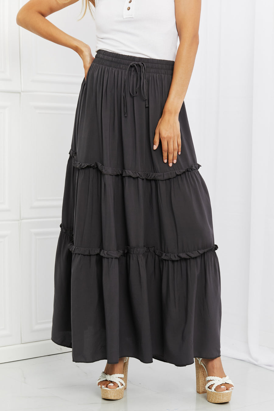 Zenana Summer Days Full Size Ruffled Maxi Skirt in Ash Grey