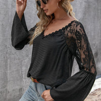 V-Neck Spliced Lace Flare Sleeve Top