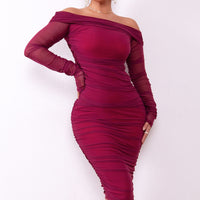 Off-Shoulder Ruched Midi Bodycon Dress