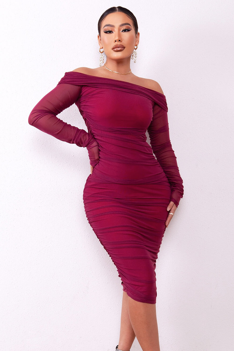 Off-Shoulder Ruched Midi Bodycon Dress