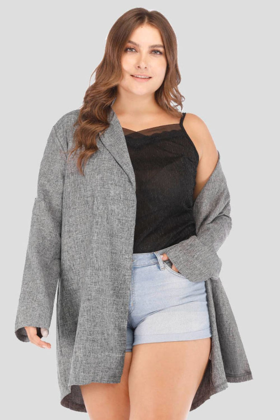 Plus Size Heathered Open Front Trench Coat