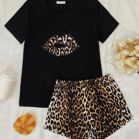 Leopard Lip Graphic Top and Shorts Lounge Set