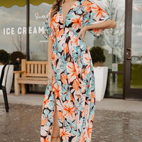 Floral Slit Plunge Short Sleeve Dress