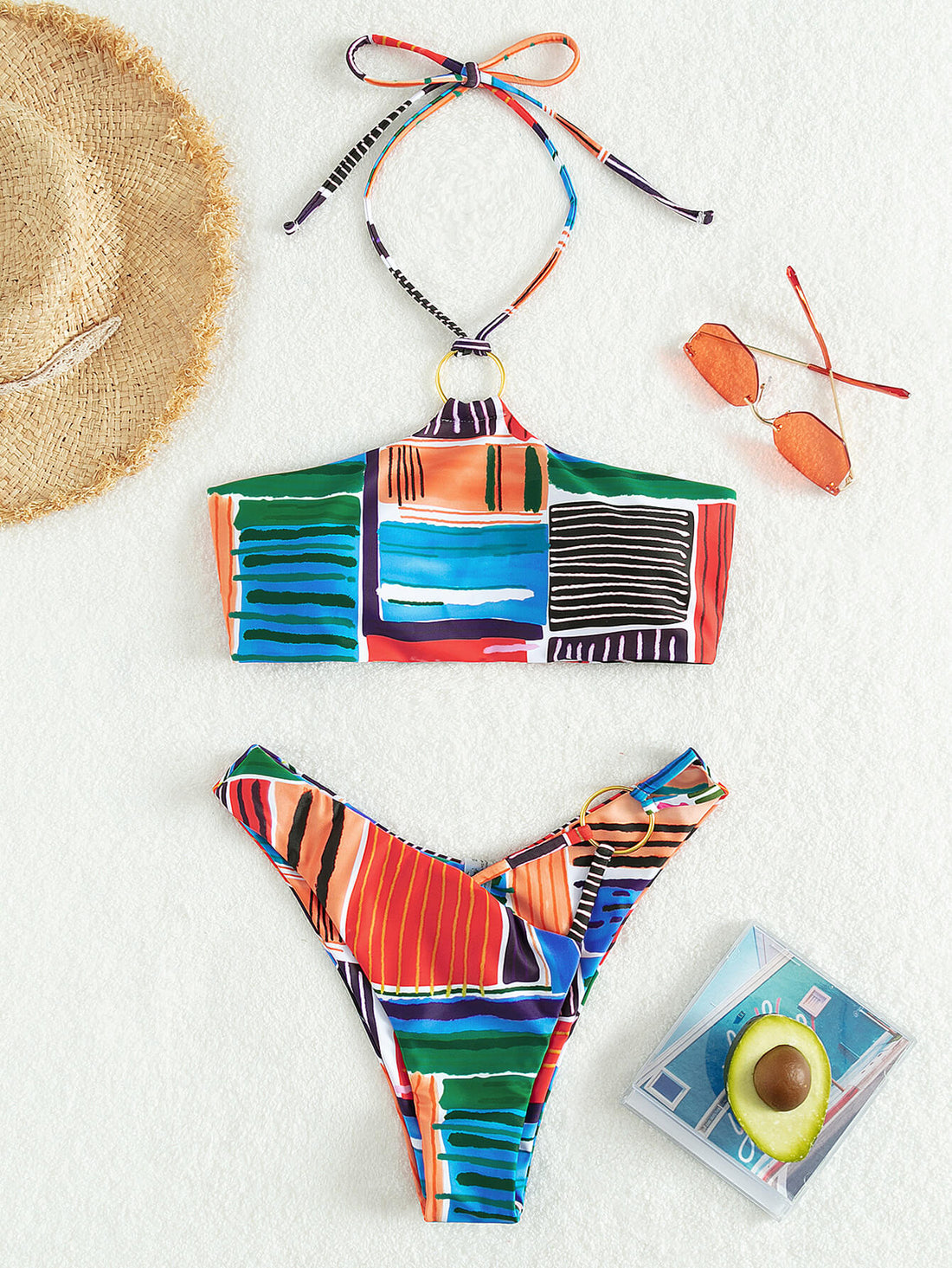 Multicolored Striped Halter Neck Bikini Set