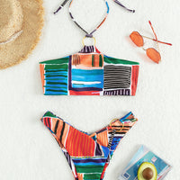 Multicolored Striped Halter Neck Bikini Set