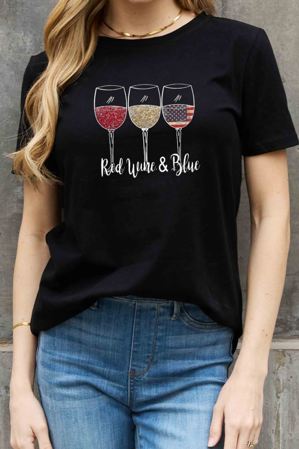 Simply Love Full Size RED WINE & BLUE Graphic Cotton Tee