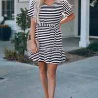 Striped Tie-Waist Frill Trim V-Neck Dress