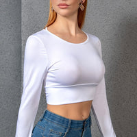 Round Neck Cropped Crisscross Back Long Sleeve Blouse