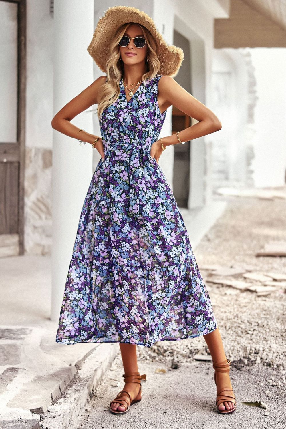 Floral Belted Surplice Sleeveless Tiered Dress