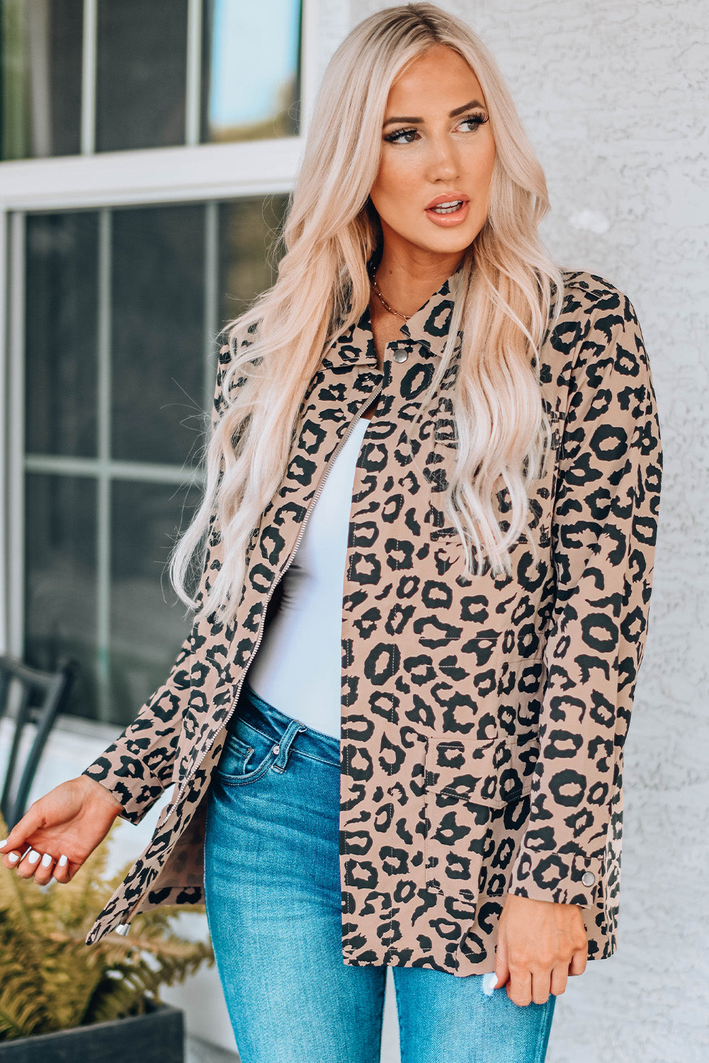 Leopard Drawstring Waist Shirt Jacket with Pockets