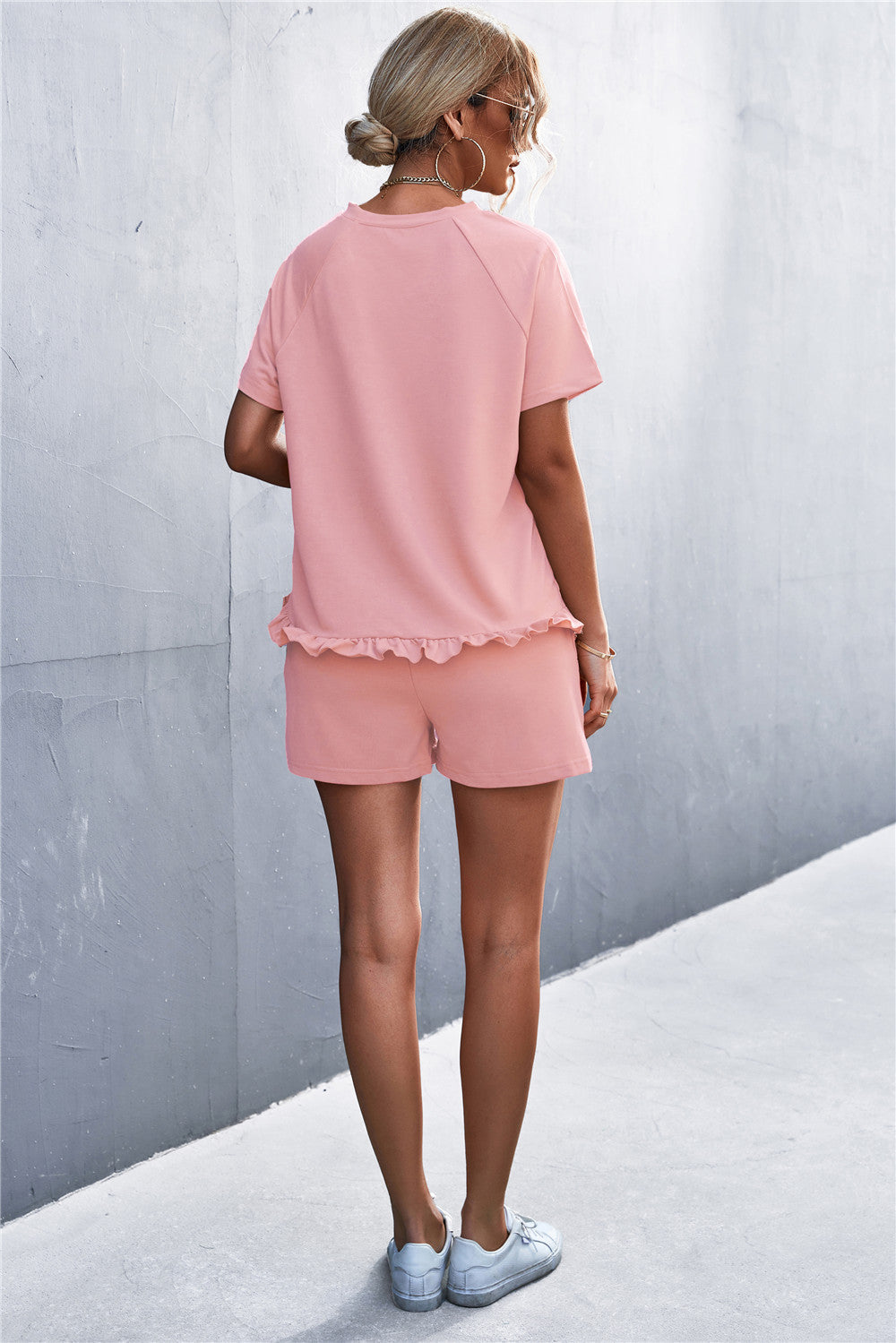 Raglan Sleeve Ruffle Hem Top and Shorts Set with Pockets