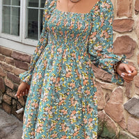 Floral Smocked Flounce Sleeve Square Neck Dress