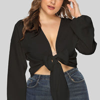 Full Size Tied Balloon Sleeve Crop Top