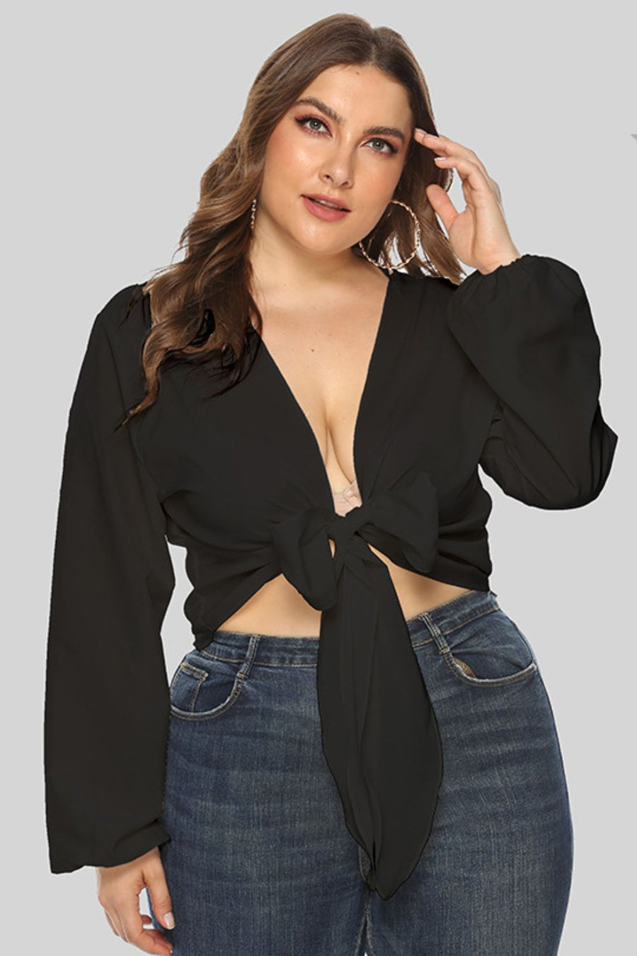 Full Size Tied Balloon Sleeve Crop Top