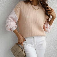 Two-Tone Rib-Knit Dropped Shoulder Sweater