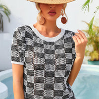 Checkered Short Sleeve Knit Top