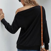 Zipper Detail Boat Neck Dropped Shoulder Sweatshirt