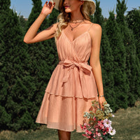 Tie Belt Surplice Spaghetti Strap Layered Dress