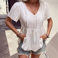 Tied Decorative Buttons Short Puff Sleeve Blouse