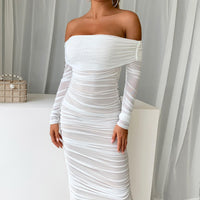 Off-Shoulder Ruched Midi Bodycon Dress