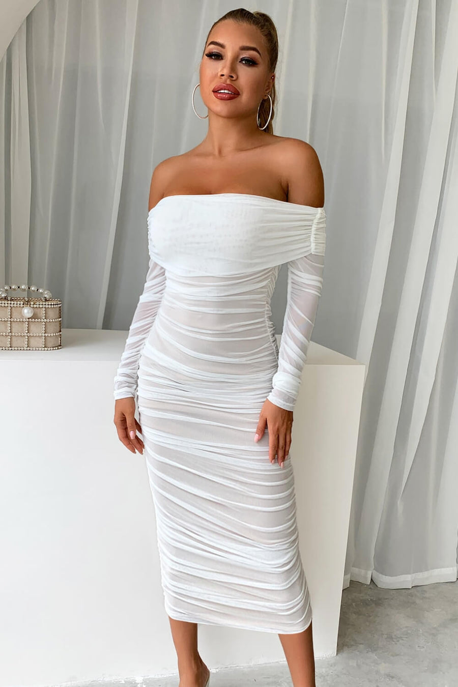 Off-Shoulder Ruched Midi Bodycon Dress