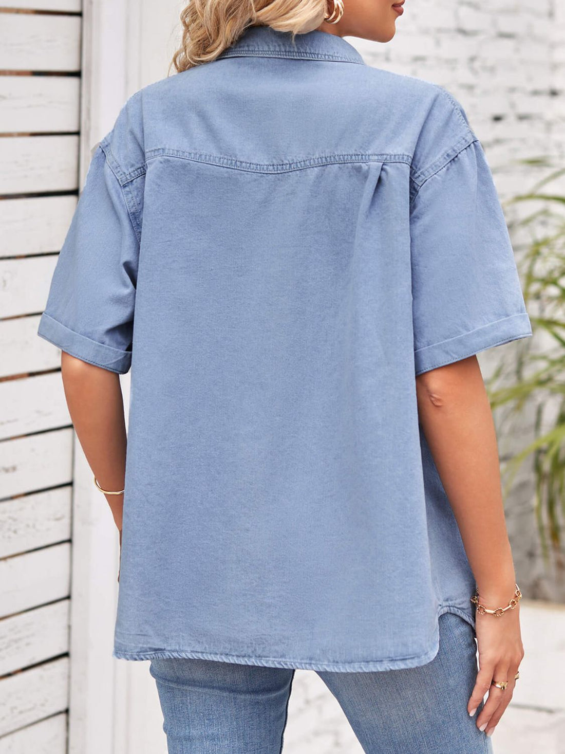 Collared Neck Short Sleeve Denim Top