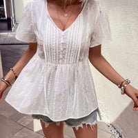 Tied Decorative Buttons Short Puff Sleeve Blouse